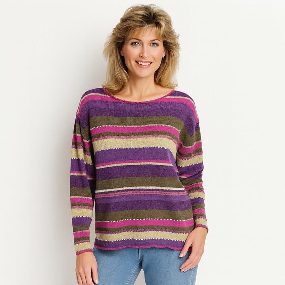 Koret Petite L Vintage Purple Pink Olive Striped Sweater Preppy Rare Y2K Knit - Picture 1 of 6
